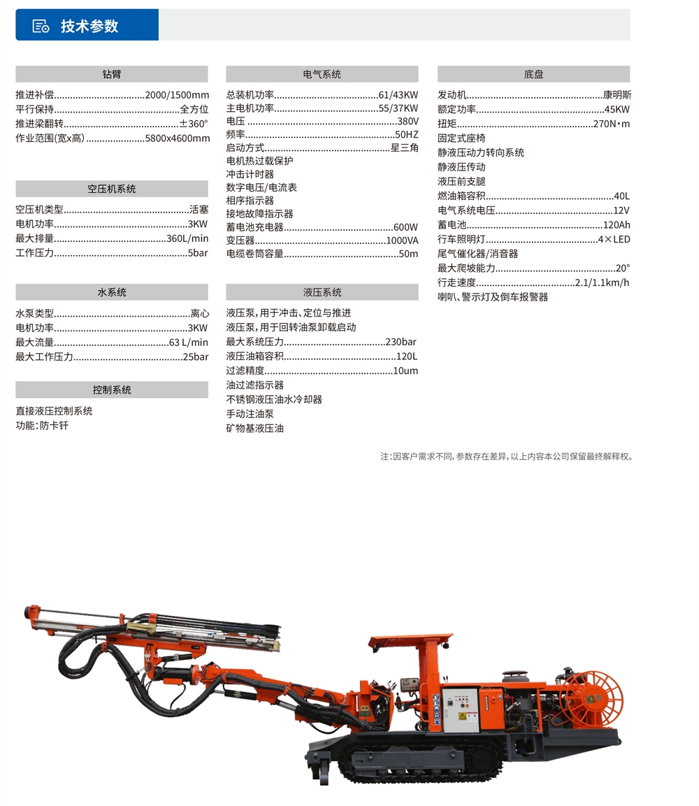 履帶式礦用液壓掘進(jìn)鉆車技術(shù)參數(shù)