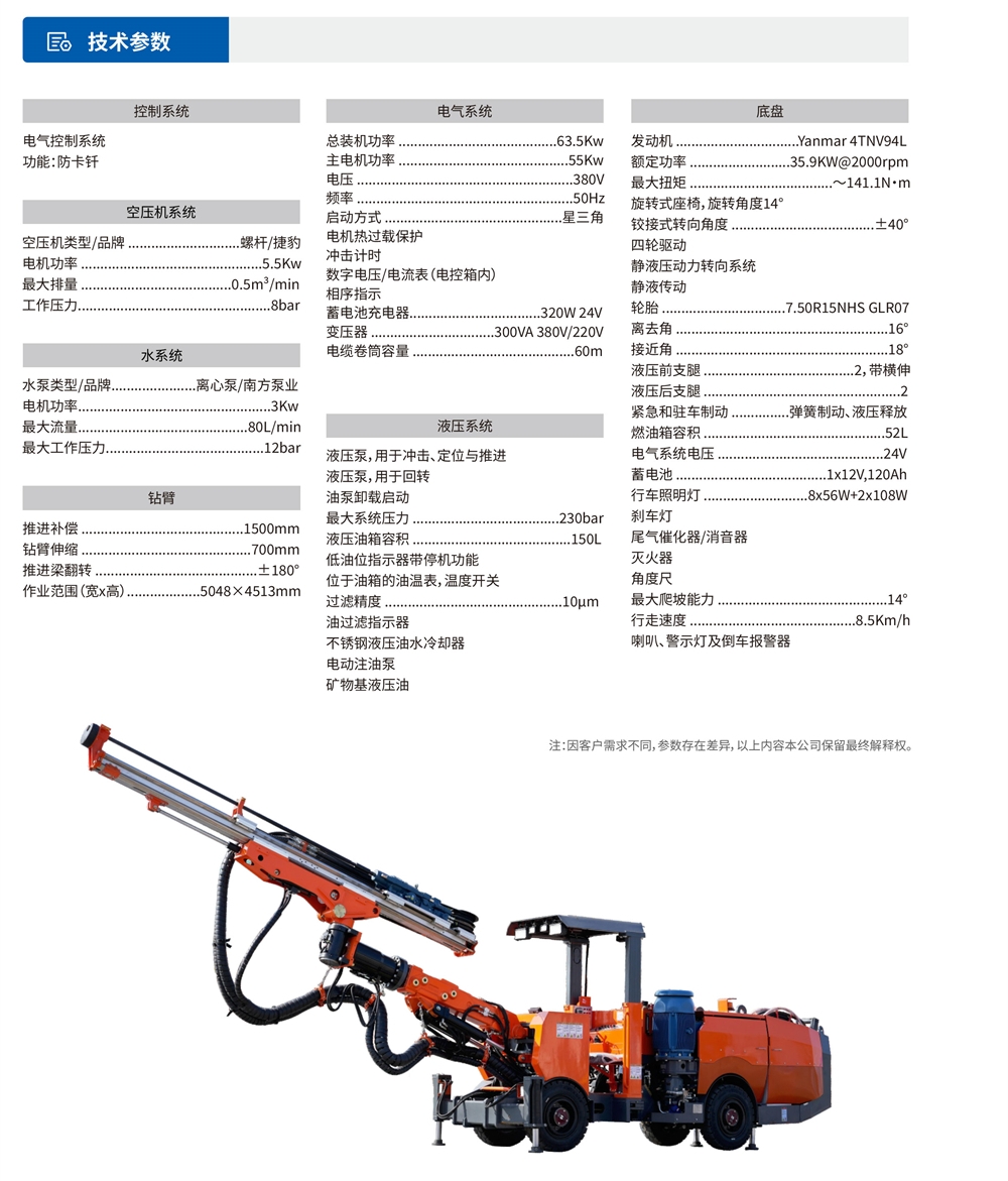 礦用液壓掘進(jìn)鉆車技術(shù)參數(shù)